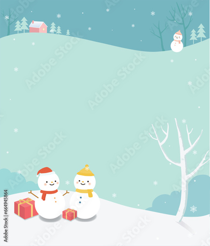 Winter landscape blank frame with snowman