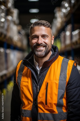 A happy and smiling worker in a warehouse engineer supervising operations. Handle packages with precision and efficiency, ensuring smooth logistics. Young adult worker in logistics.