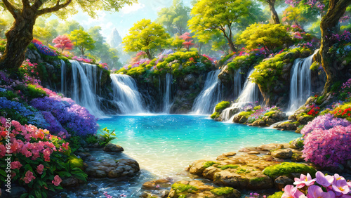 A beautiful paradise land full of flowers  rivers and waterfalls  a blooming and magical idyllic Eden garden.
