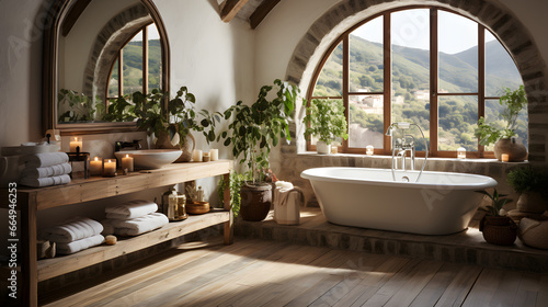 Mediterranean interior design of modern spacious bathroom with rustic elements and arched windows © master graphics 