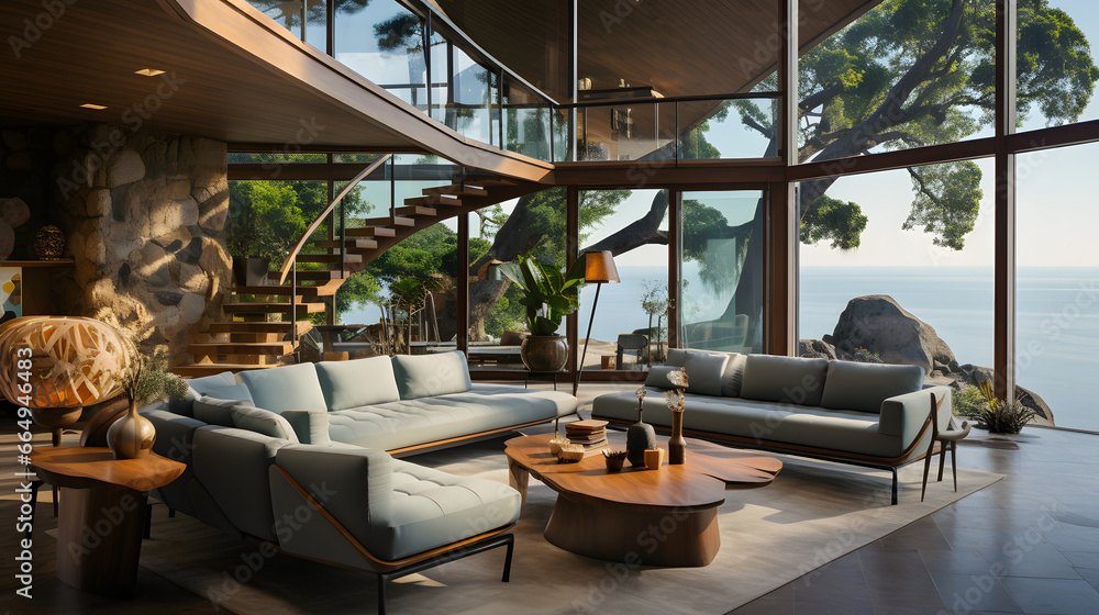 Mid-century coastal home interior design of modern living room in seaside villa