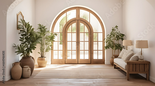 Mediterranean style hallway with arched door. Interior design of modern rustic entrance hall in farmhouse © master graphics 