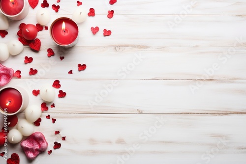 Valentine's Day Flat Lay with Hearts, Gifts, and Candles on White Wooden Background