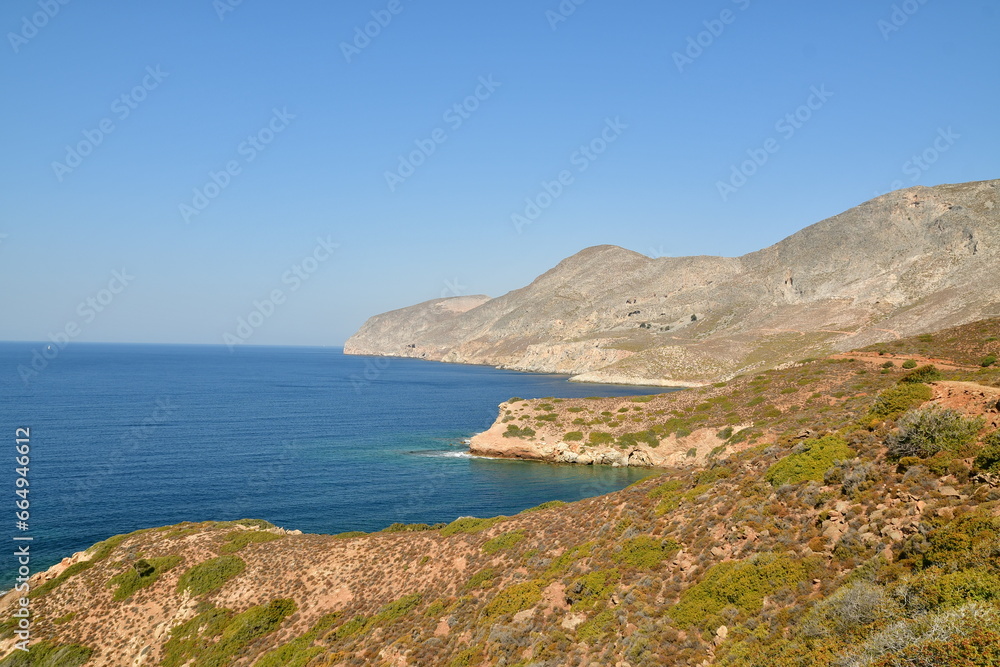 rough and rocky shore line of kalymnos Island Greece