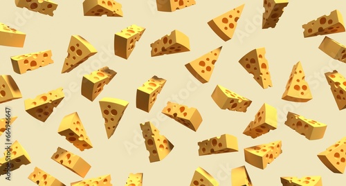 Pieces of cheese icon. Cheese pieces on yellow background. 3D render of a cheese. Cheese concept. Banner with food. 3D rendering