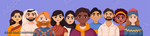Collection of various ethnic woman and man couples standing in row. Set of caucasian, arab, african american, indian, asian pairs. People in national clothes. Race equality. Vector illustration