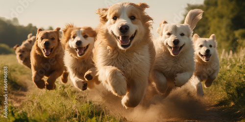 A group of happy dogs running across a fields. 
 photo