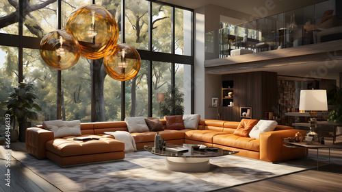 Mid-century interior design of modern living room with golden chandelier photo