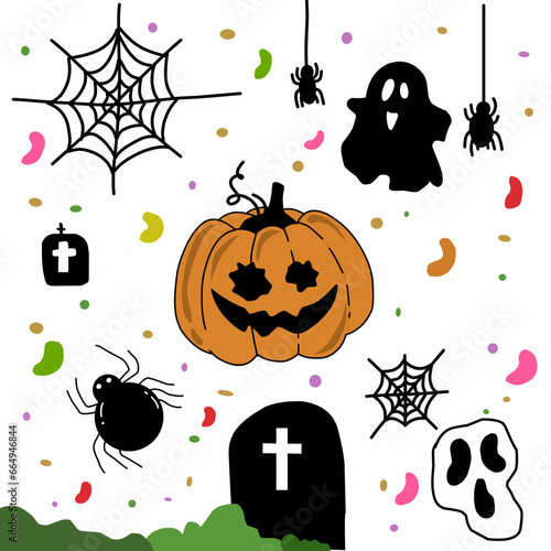 Halloween vector background design. Happy halloween trick or treat text with cute ghost and pumpkins element for spooky yard party celebration