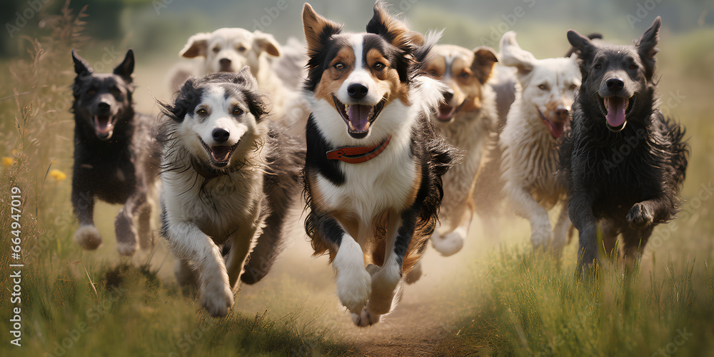 A group of happy dogs running across a fields. 
