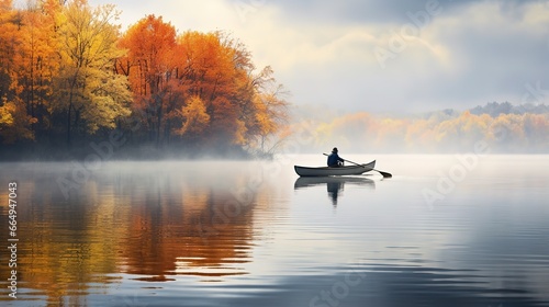 Fényképezés Person rowing on a calm lake in autumn, aerial view only small boat visible with