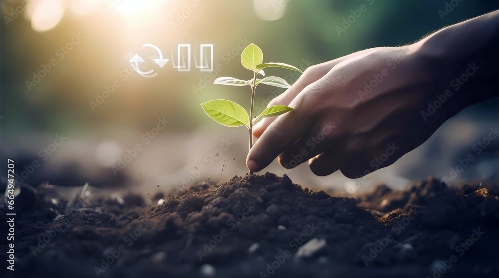 Fototapeta premium Hand was planting green tree on earth with Co2 metaphor climate change solution plant absorb carbon dioxide , Generative AI illustrations.