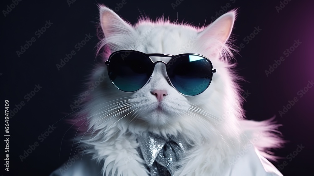 Portrait of white furry cat in fashion eyeglasses. Studio neon light footage. Luxurious domestic kitty in glasses poses on black background