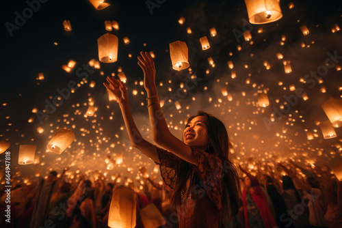 The beautiful woman releases Yi Peng lanterns into the sky, a traditional ceremony in Chiang Mai Province. photo