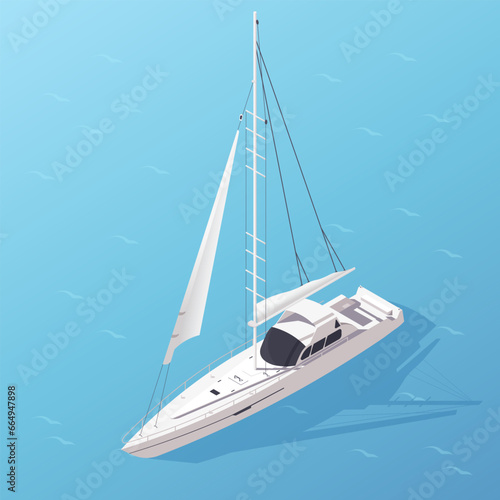 Cartoon yacht, white sails and closed cabin. Blue ocean around. Sea boat, marine ship. Nautical transport, sailboat travel, vacation. Holiday cruise, adventure journey. Isometric vector illustration