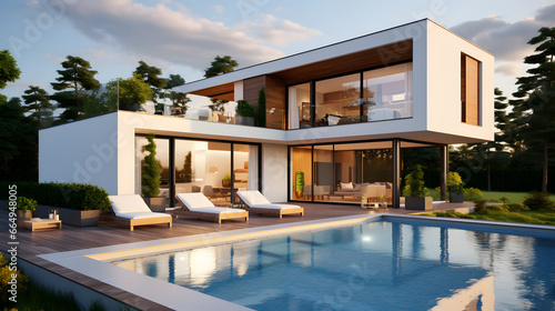 Exterior of modern minimalist cubic villa with balcony, terrace and swimming pool © master graphics 