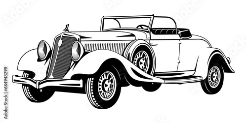 Vintage Car Cabriolet of 20s. Black and white vector clipart isolated on white.