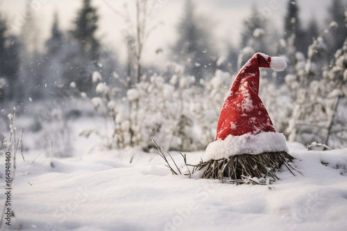 a santa hat lying in the snow