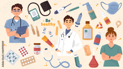 Collection of hospital medicine. Doctor in white clothes, female and male intern. Concept of healthcare, healthy lifestyle. Seasonal therapy. Set of spray, pills, blister, mask. Vector illustration photo