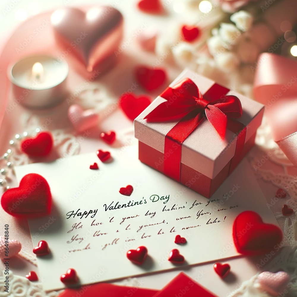 Valentine's Day Concept: Red Gift Box and Love Elements on Blurred Background Valentine's Day Concept: Red Gift Box and Love Elements on Blurred Background