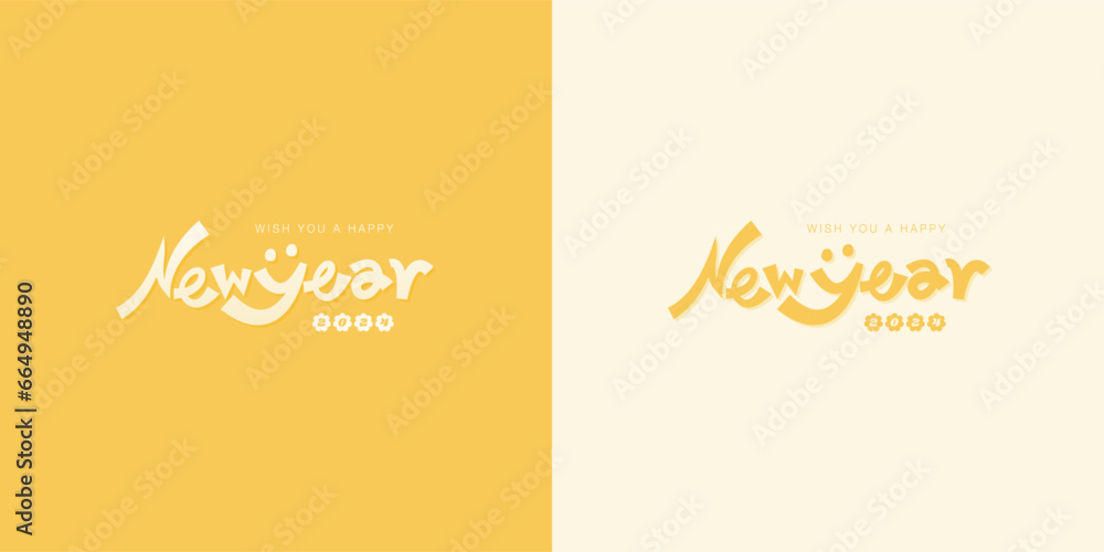 Trendy design typography for 2024 Happy New Year on bright background. Design templates with cute lettering, smiley face and flower for new year new beginning
