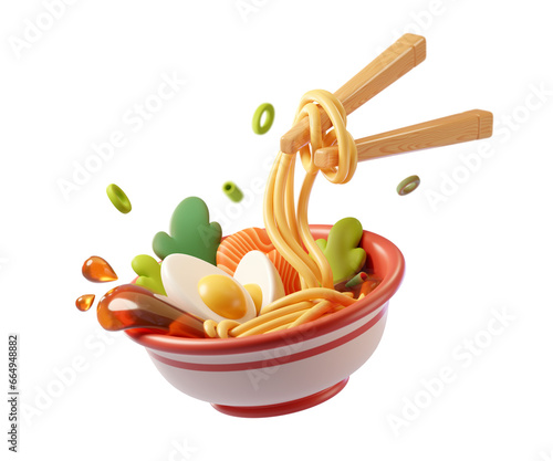 3D Asian food. Bowl of traditional noodle soup with eggs, salmon and green isolated on white backdrop. Noodles hanging on chopsticks. Ramen, udon, soba, tom yum soup. 3d render illustration