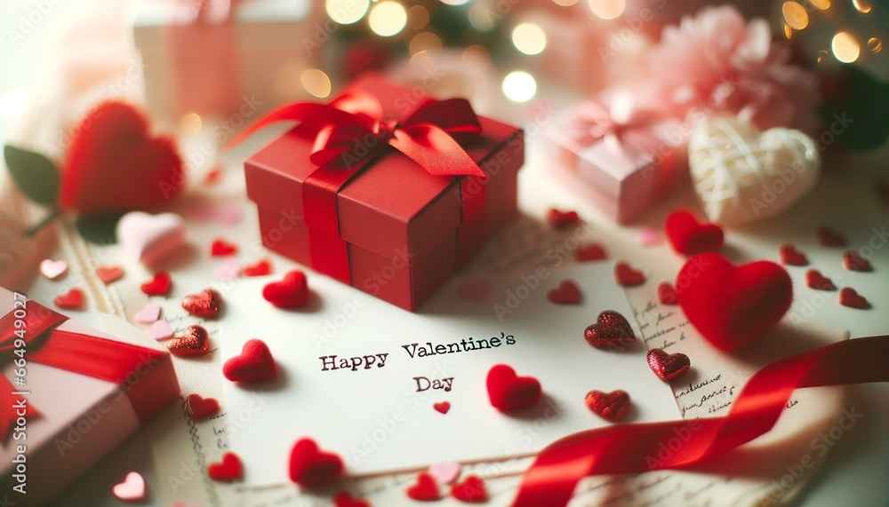 Valentine's Day Concept: Red Gift Box and Love Elements on Blurred Background Valentine's Day Concept: Red Gift Box and Love Elements on Blurred Background