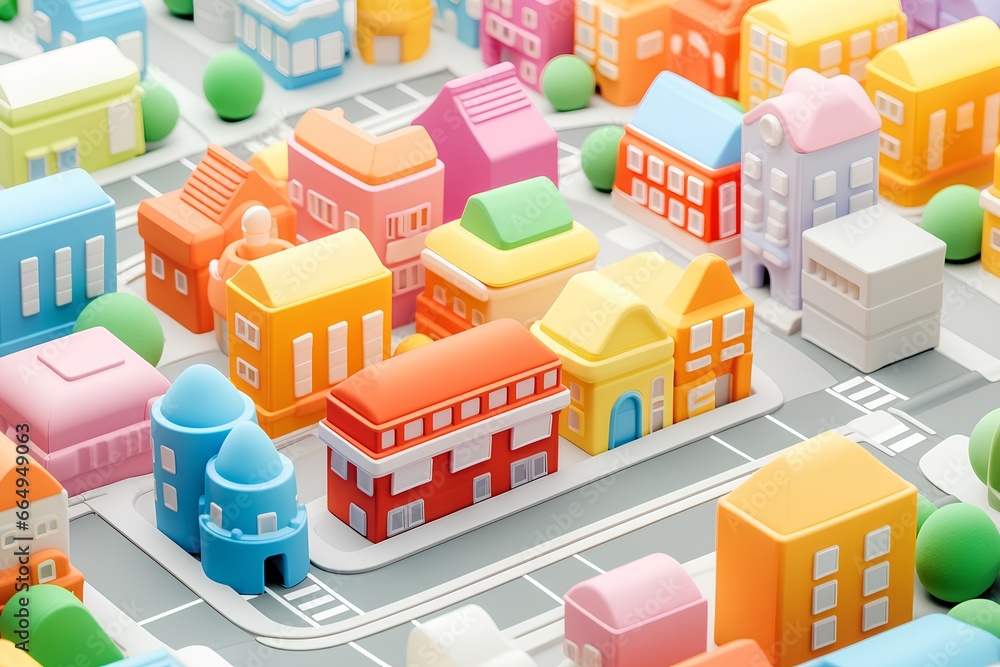 カラフルな住宅の街並み（3D）楽しい街並みと楽しい暮らし。