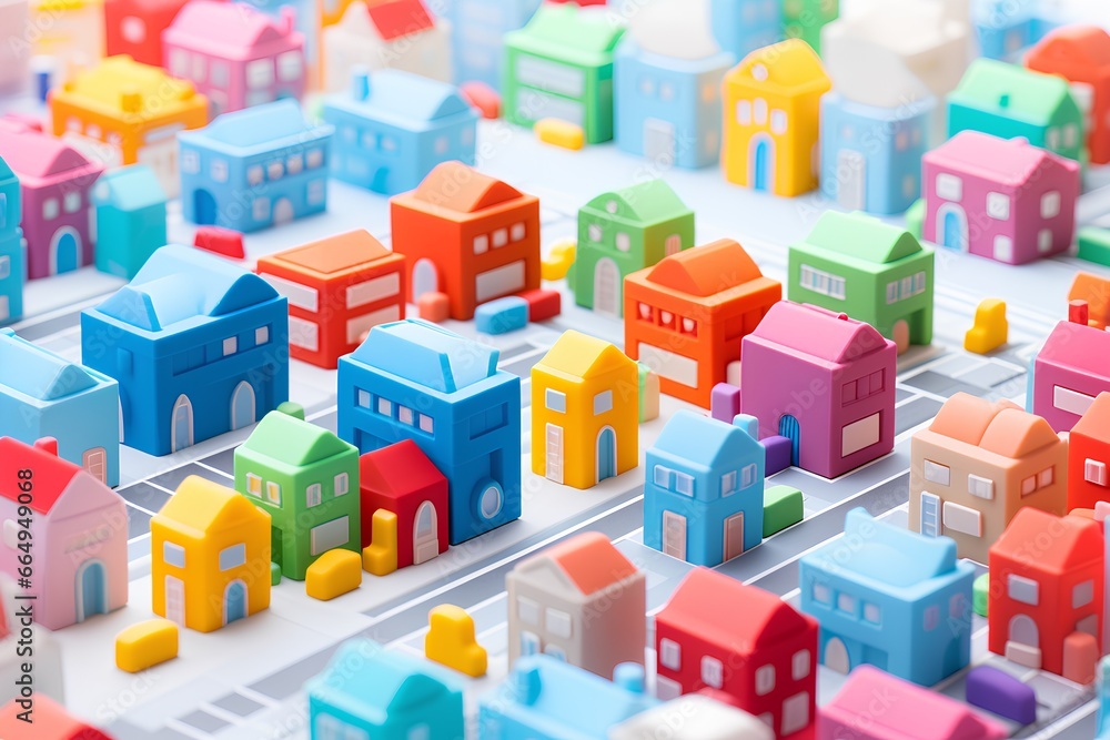 Fototapeta premium カラフルな住宅の街並み（3D）楽しい街並みと楽しい暮らし。