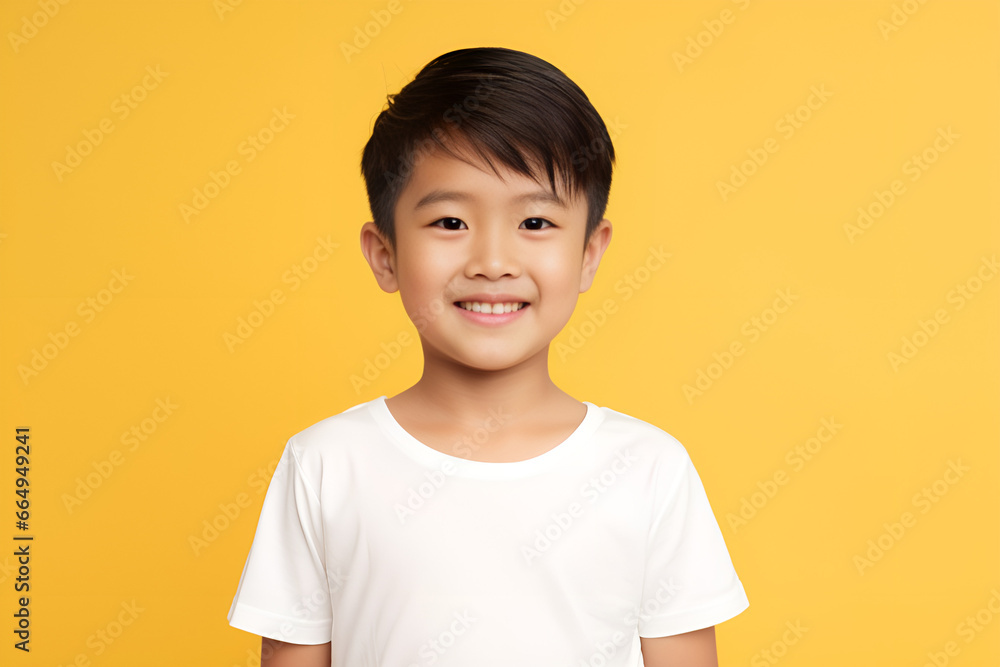 Happy Fictional Asian Kid Smiling. Isolated on a Colored Background. Generative AI. Happy Fictional Asian Kid Smiling. Isolated on a Colored Background. Generative AI.