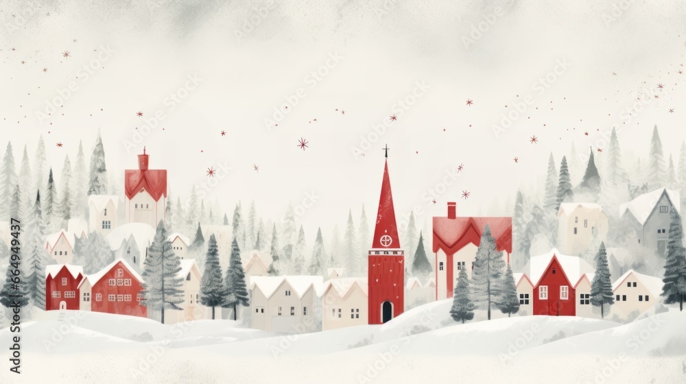 Scandinavian Christmas card. Folk art illustration of a decorated festive European town - obrazy, fototapety, plakaty 