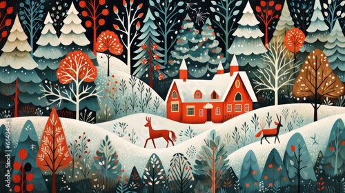 Scandinavian Christmas card. Folk art illustration