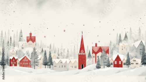 Scandinavian Christmas card. Folk art illustration of a decorated festive European town