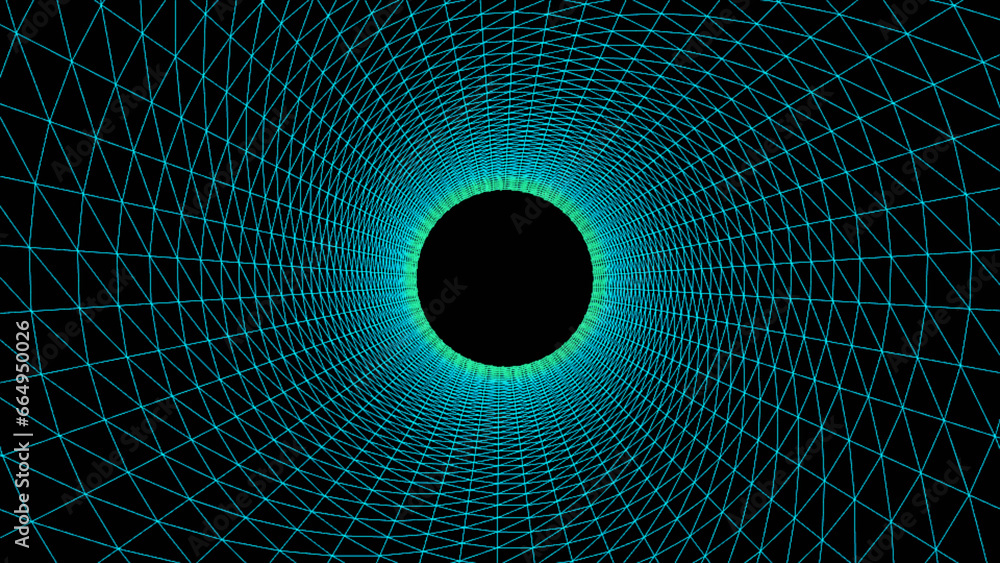 Obraz premium Bright blue wireframe tunnel, Abstract wireframe funnel. Abstract dynamic wormhole tunnel on black background. Deep wavy wormhole. 3d rendering