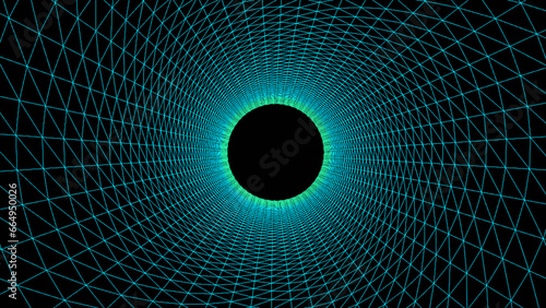 Fototapeta Naklejka Na Ścianę i Meble -  Bright blue wireframe tunnel, Abstract wireframe funnel. Abstract dynamic wormhole tunnel on black background. Deep wavy wormhole. 3d rendering