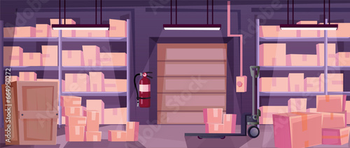 Cartoon warehouse interior with forklift. Rack with carton boxes. Shelves with goods, various parcels. Indoor storehouse. Industrial crowded stockroom storage. Logistic delivery. Vector illustration