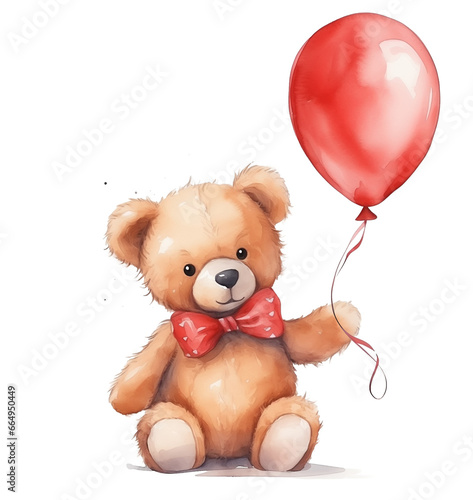 Watercolor cute bear with red shiny balloon isolated on transparent background.