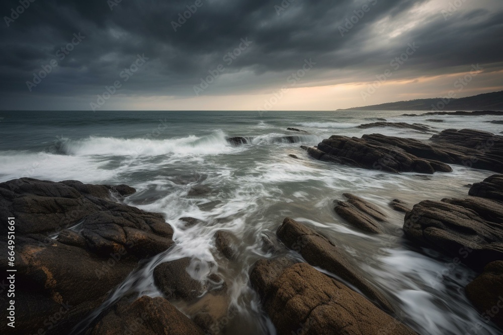 Peaceful scene of coastal rocks, rolling waves, and dramatic sky. Generative AI