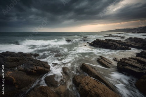 Peaceful scene of coastal rocks, rolling waves, and dramatic sky. Generative AI