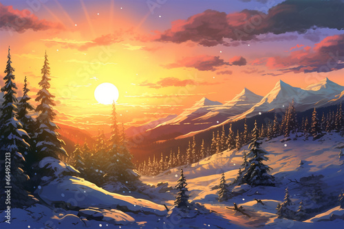 Obraz na płótnie illustration of a sunrise view during winter