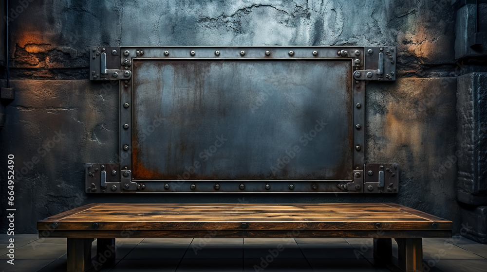 Stone wall with a metal rectangle, space for text. Stone wall with a metal rectangle, space for text.