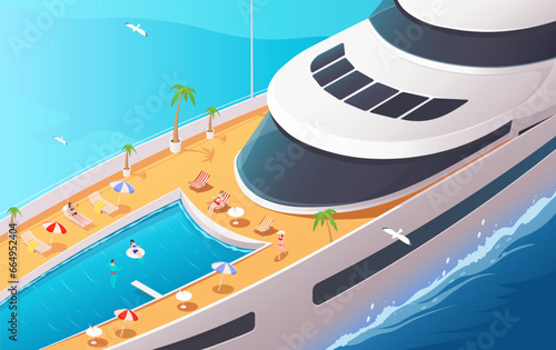 People spending vacation on cruise liner deck. Travelling by ship, summer vacation, worldwide journey. Luxury resort. Maritime voyage. Passenger swimming in pool. Isometric vector illustration