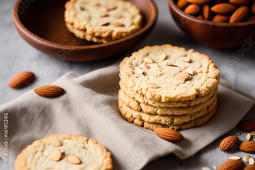 Homemade oatmeal cookies with almonds on a wooden background. Generative AI © Pavlo