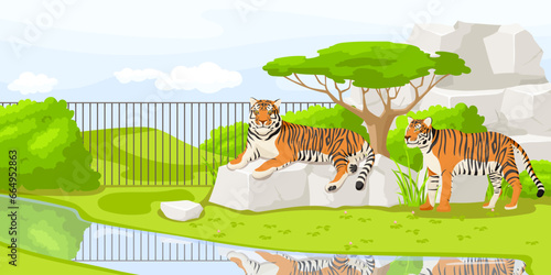 African tiger lying on stone near fence with pond in zoo. Safari vacation. Natural wildlife. Cartoon design. Cute character. Picturesque landscape. Wild savanna with tree. Vector illustration