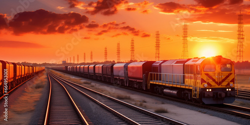 A freight train carries containers at sunset. photo