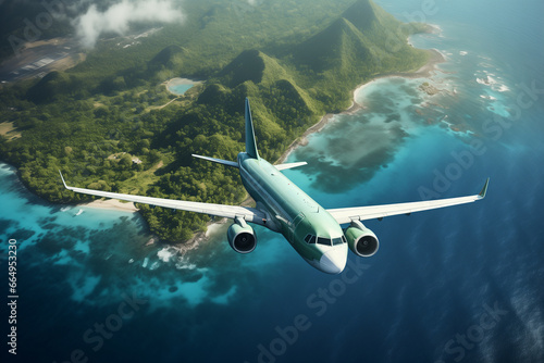 airliner flying in the sky above tropical island, travel and holidays concept