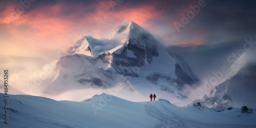 Two climbers set off on a climb against a backdrop of winter mountains at sunset.