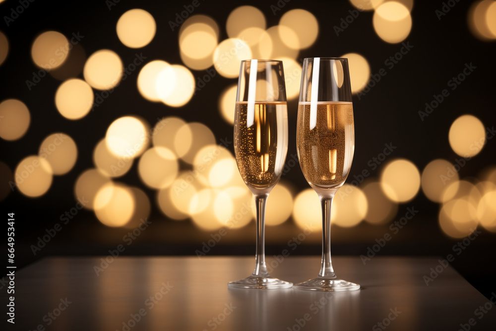 Two glasses of sparkling wine on a festive New Year's Eve background. Two glasses of sparkling wine on a festive New Year's Eve background.