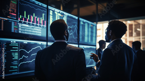 Crypto traders engrossed in discussing trading charts, research reports, and growth while analyzing strategies on their monitors, embodying the concept of financial risks © sandsun