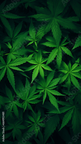 A backdrop of large cannabis leaves  arranged in a chaotic pattern.